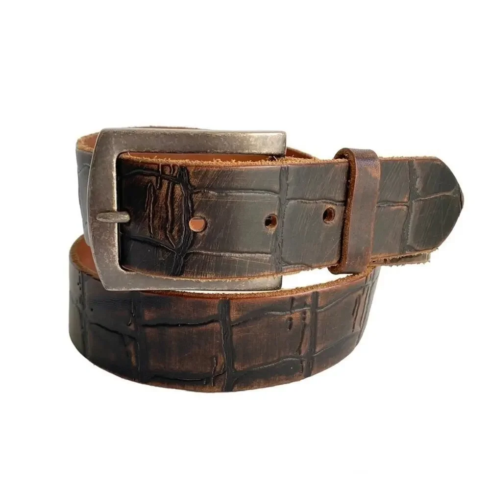 Brown Italian Leather Belt Mock Croc Embossed Statement Silver Buckle Mens Large